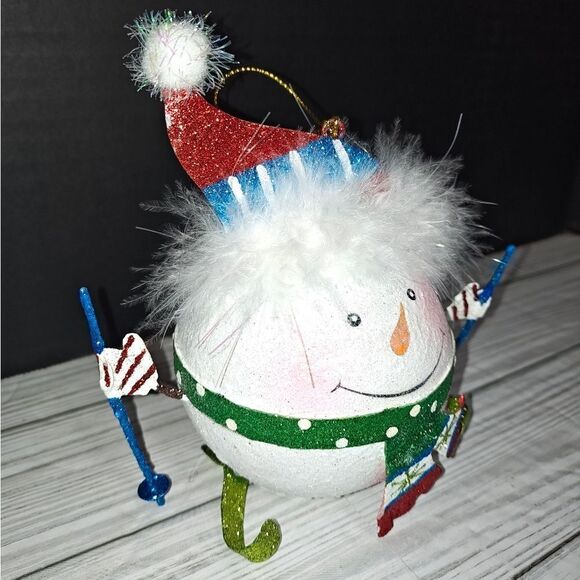 Pier 1 Imports 5.5" Glitter Skiing Snowman Ball Christmas Holiday Tree Ornament - Picture 3 of 9